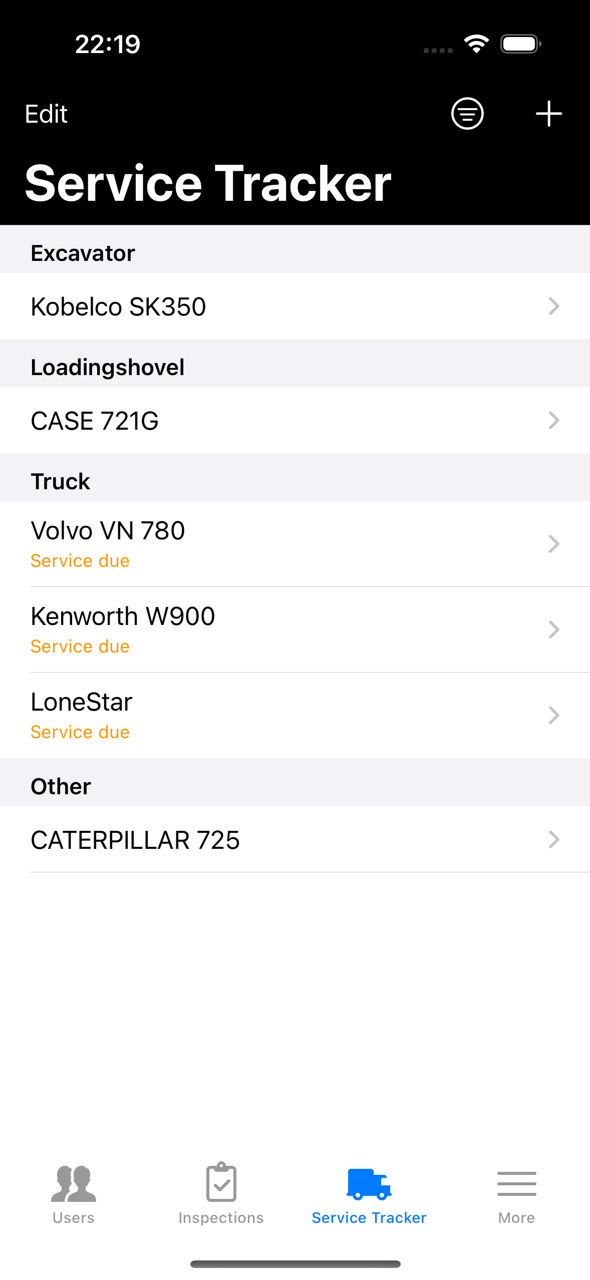 Trakserv machine list showing realistic farm, truck and plant equipment
