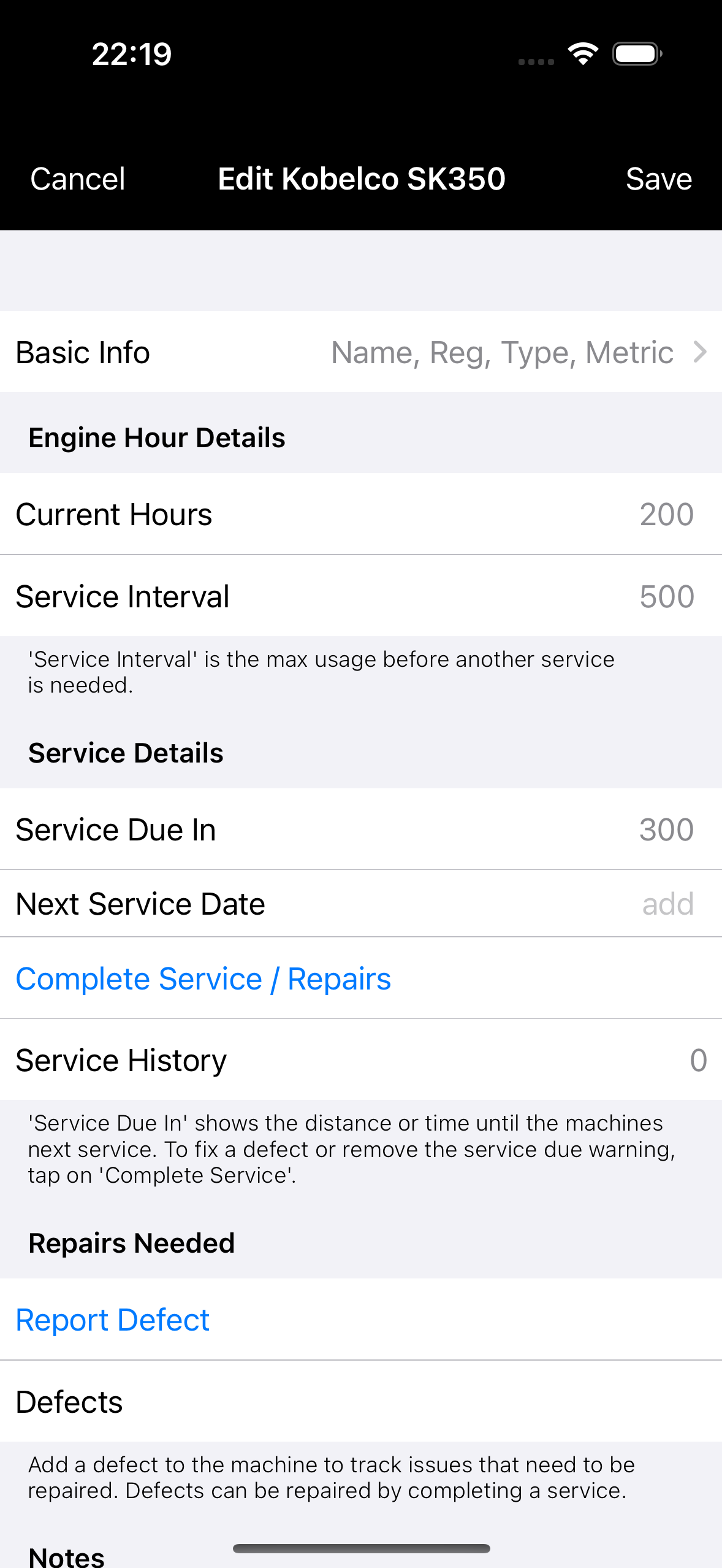 Machine detail screen showing service due and service history count