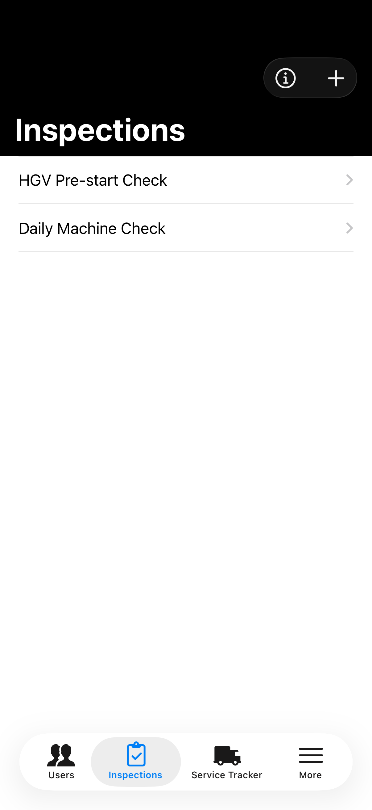 Trakserv inspections screen with daily machine check template