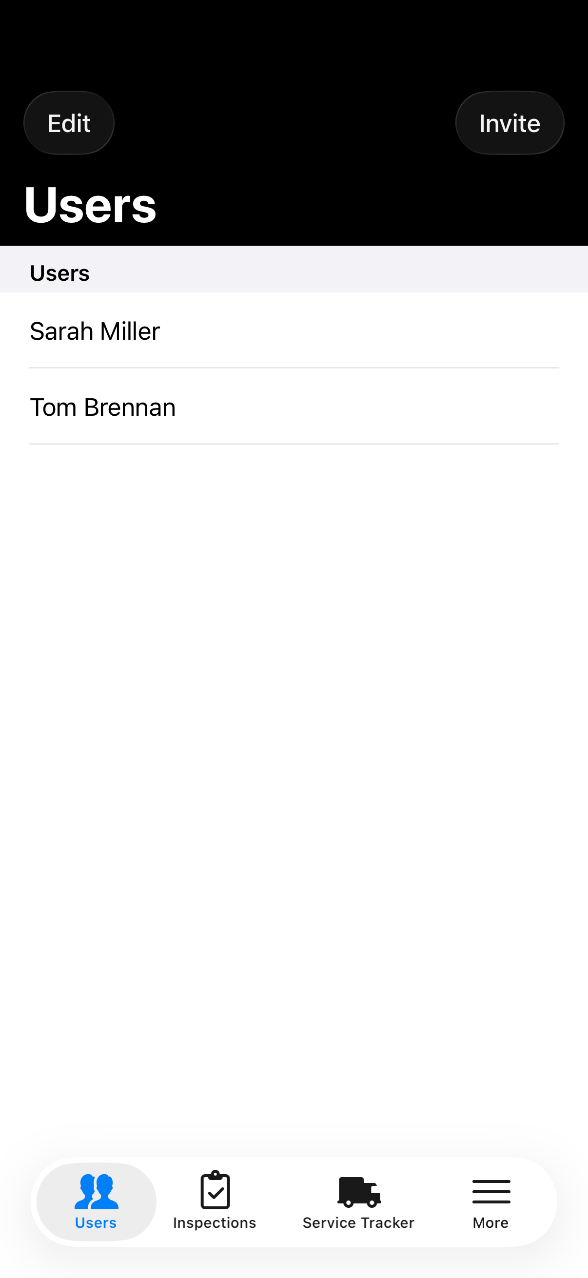 Trakserv users screen showing team members