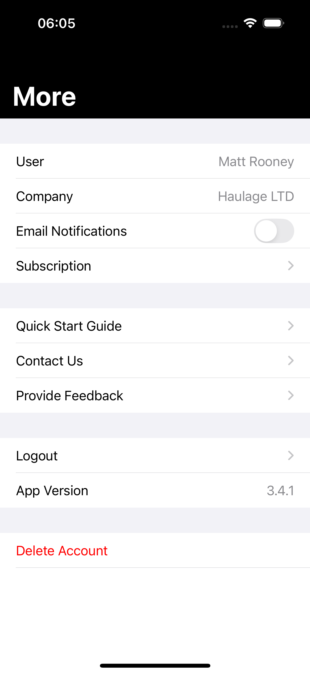 Trakserv More screen with account settings, subscription, help and feedback